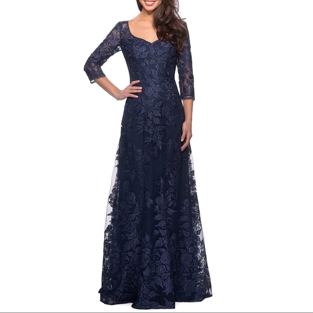La Femme  V-Neck 3/4-Sleeve Navy Lace Gown with Mesh Illusion